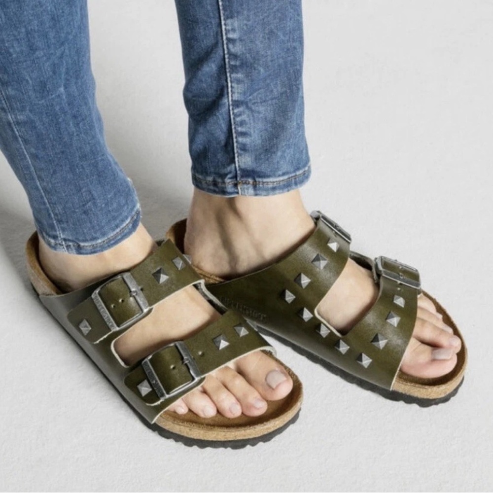 🔥RARE Birkenstock Arizona Stud Rivet Sandal 38 Olive Khaki Green PunkRock Unisex - Picture 12 of 12